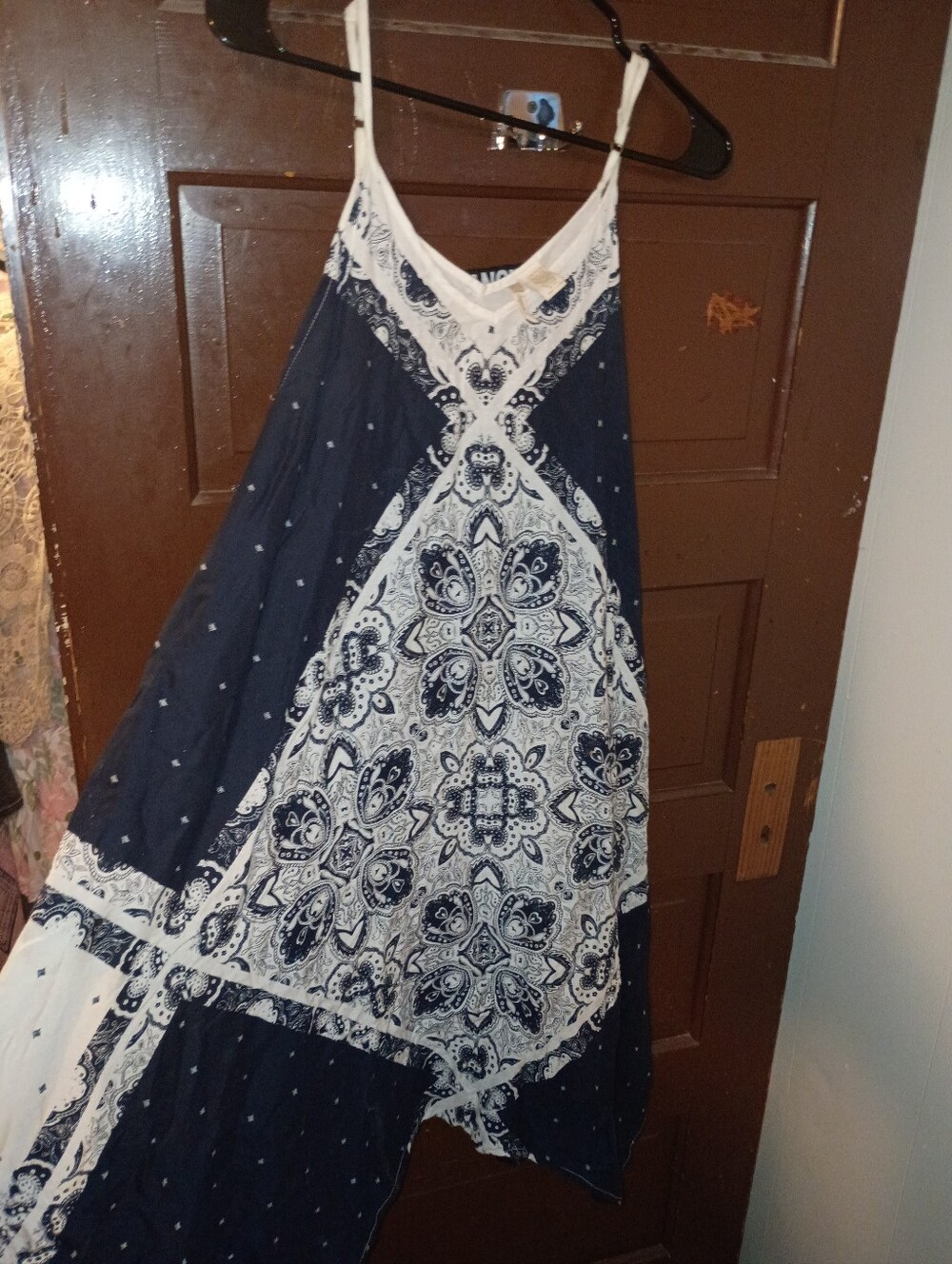 GUC Japna Blue White Spaghetti Strap Knee Length Empire Waist Sundress S